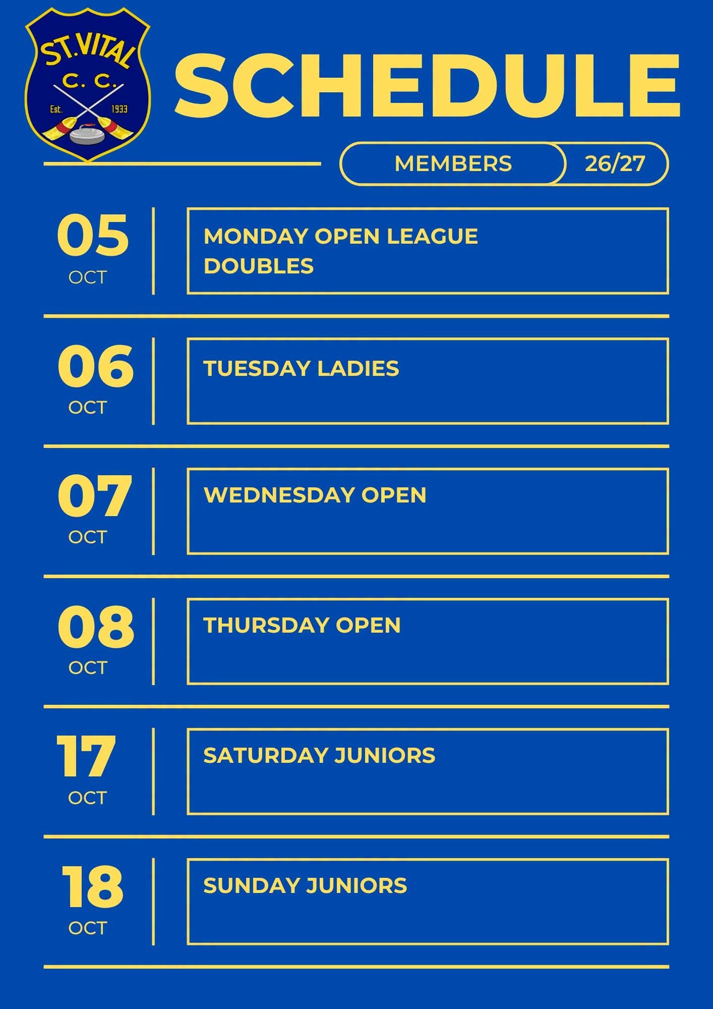 St. Vital Curling Club 2026-27 members schedule